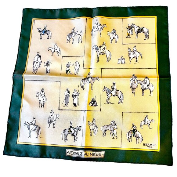 HERMES Paris Silk Scarf Equestrian Horse & Rider VOYAGE AU NIGER Green New 16" - Picture 16 of 16